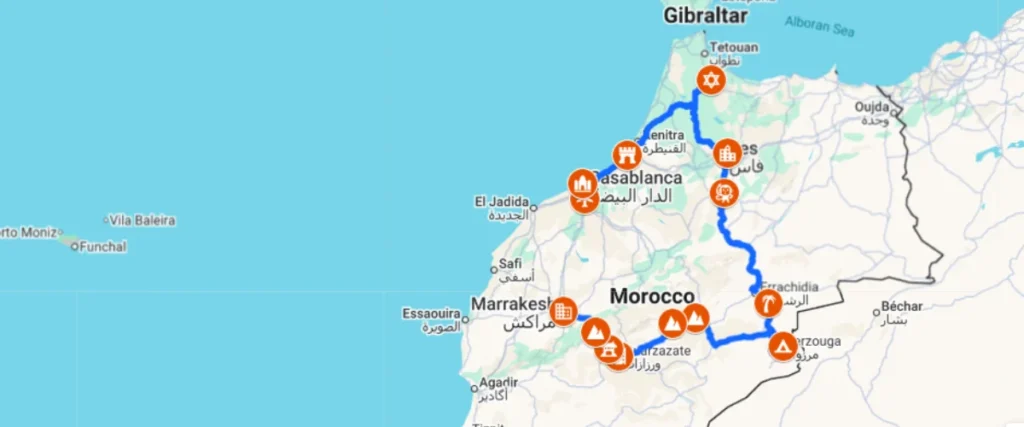 Map of 6 Days Tour from Casablanca to Marrakech