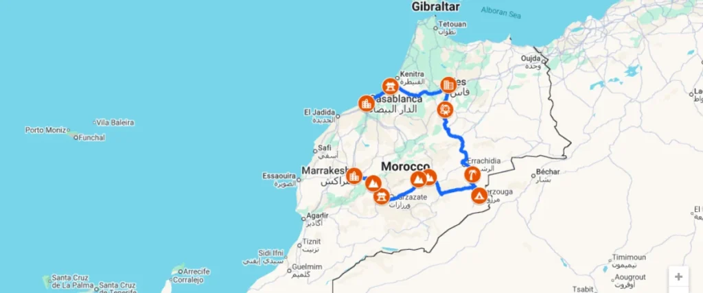 MAP of 4 Days Tour From Casablanca To Marrakech