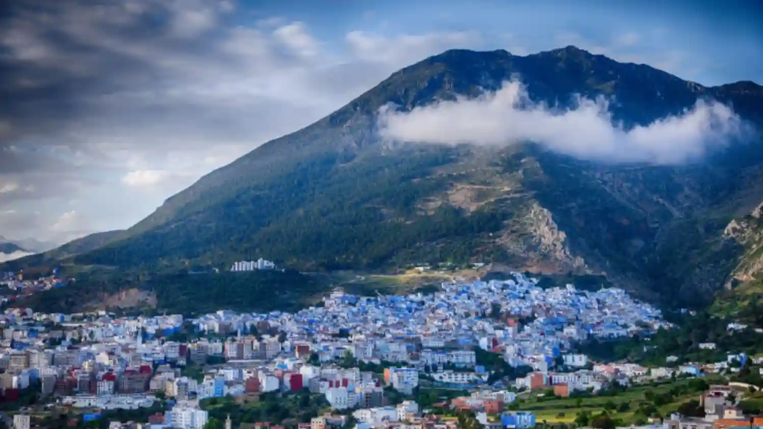 Panoramic view of Chefchaouen’s blue-painted medina in Morocco, captured during a Morocco Fun Tours experience.