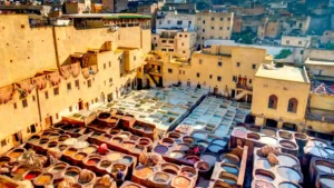 Traditional tanneries in the Medina of Fez, a UNESCO World Heritage site famous for its colorful dyeing vats and ancient leather processing.