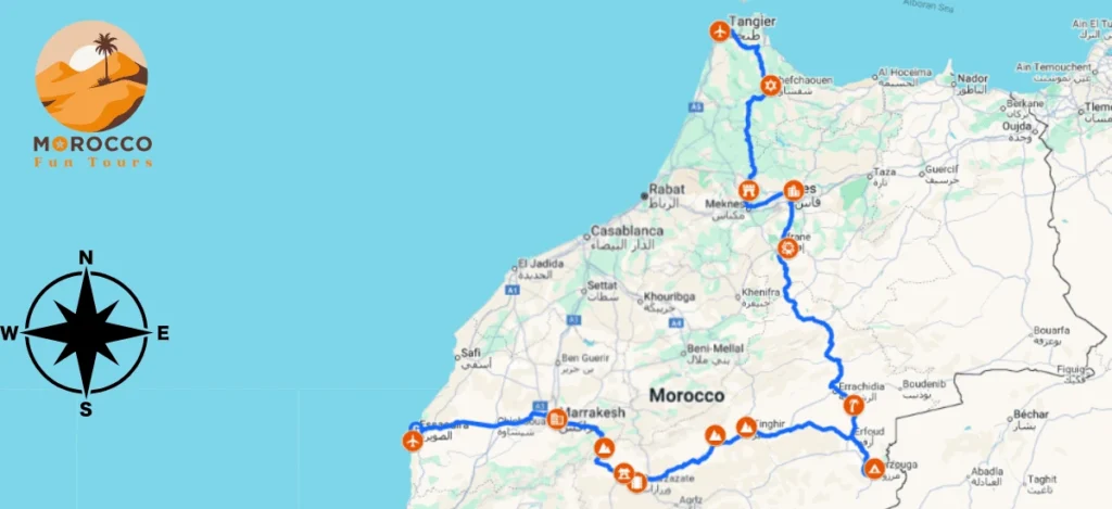 Mappa dei Itinerario Marocco 10 Giorni da Tangeri