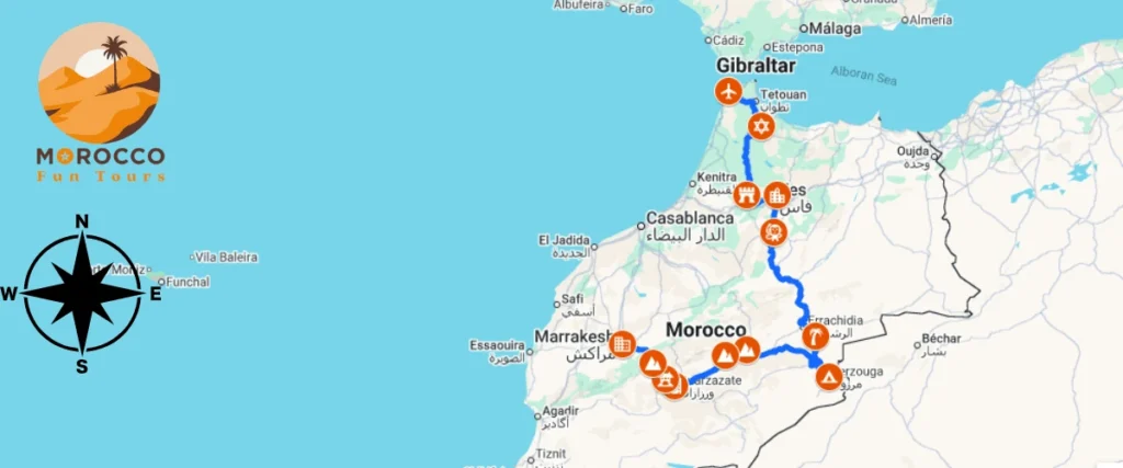 Mappa del tour di 8 giorni in Marocco da Tangeri – Deserto e città