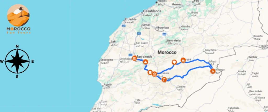 Map of the Marrakech 3 day desert tour route across southern Morocco with major stops marked on the itinerary.