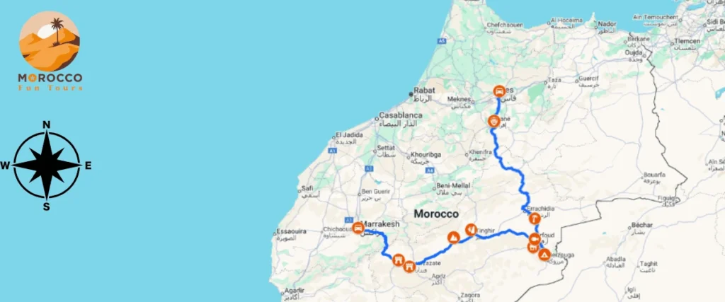 Tour 8 Giorni da Fes a Marrakech e Deserto Mappa