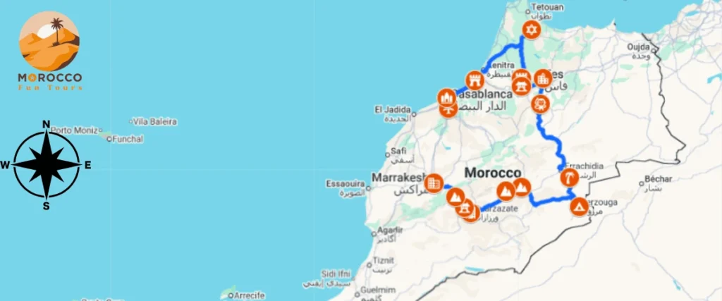 Map of the 8 Days Morocco Tour from Casablanca to Marrakech showing the route across major Moroccan destinations.