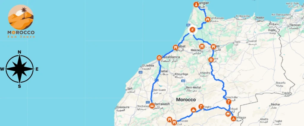 Morocco Itinerary 12 Days 49 Small map thumbnail highlighting travel routes across the country in a 12 day Morocco itinerary.