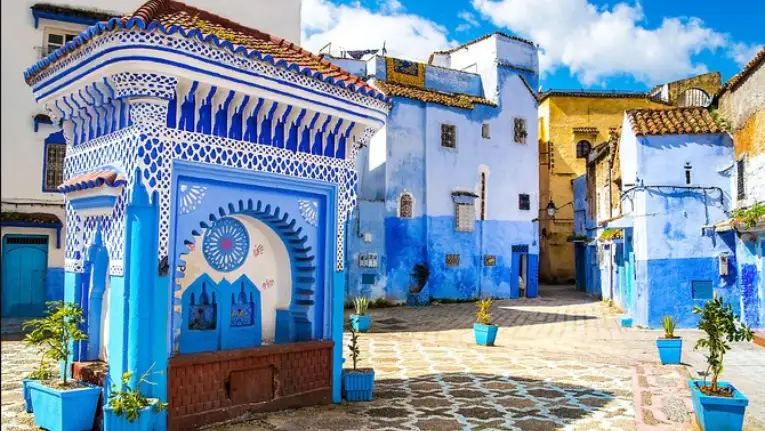 Morocco Itinerary 10 Days 6 Chefchaouen’s main square with blue-painted buildings, featured as a highlight in a 10 day morocco itinerary exploring northern Morocco
