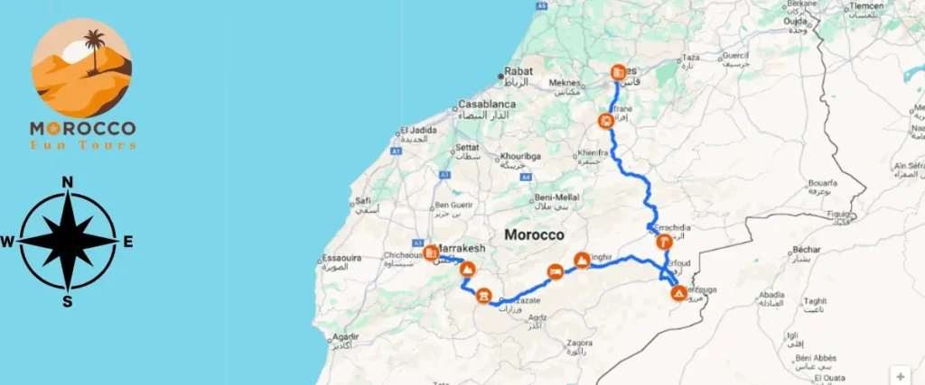 Fes to Marrakech Desert Tour 4 Days 10 Route Map of fes to marrakech desert tour 4 days