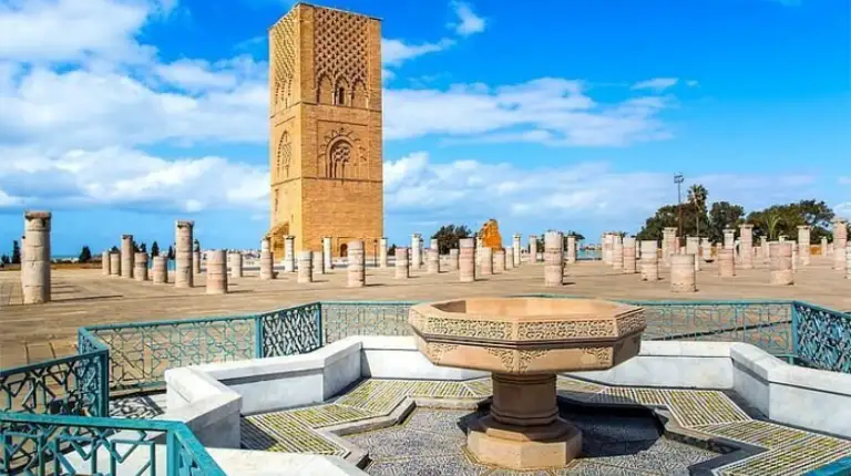 Morocco Itinerary 12 Days 32 Historic Hassan Tower and surrounding grounds in Rabat, Morocco, showcasing traditional Islamic architecture.