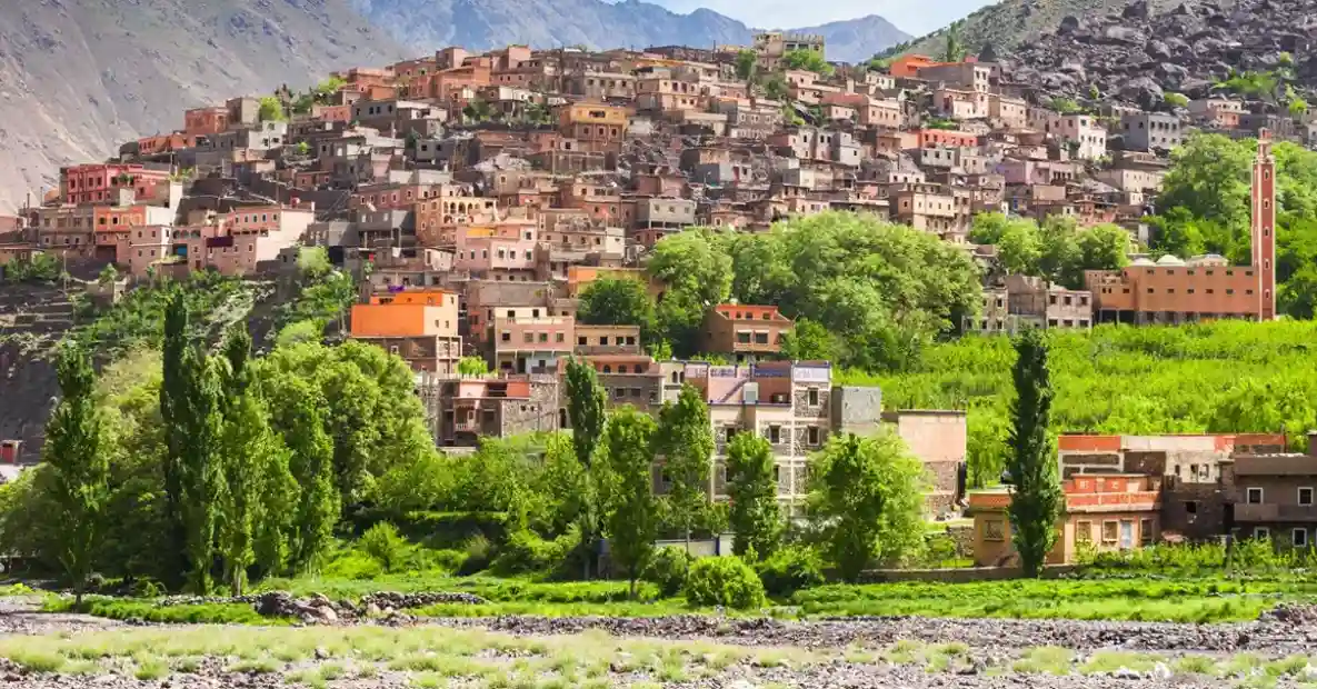 Imlil village in the High Atlas Mountains of Morocco, surrounded by scenic valleys and serving as a gateway to Toubkal treks.