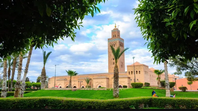 Morocco Itinerary 12 Days 30 Koutoubia Mosque in Marrakech at sunset, a historic landmark featured in a 12 day Morocco itinerary for cultural travel.