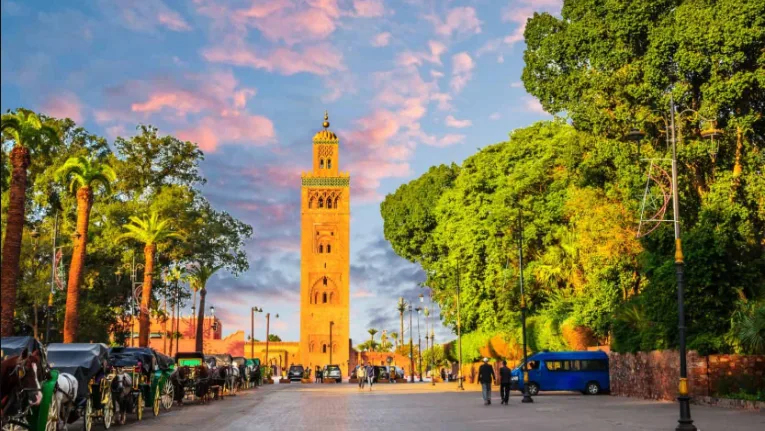 Morocco Itinerary 10 Days 1 Koutoubia Mosque in Marrakesh, captured during a Morocco Fun Tours experience, highlighting its historic architecture and prominent minaret