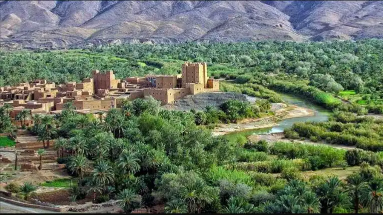 Marocco 4 Giorni da Casablanca Tra Cultura e Natura 3 Vista panoramica della valle dello Ziz in Marocco, con rigogliose oasi di palme e scogliere desertiche, messa in risalto in un articolo intitolato “4 giorni in Marocco”.