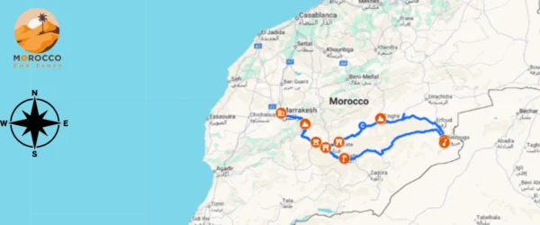 Itinerario Marrakech 4 Giorni 8 Mappa del percorso del tour di 4 giorni da Marrakech a Merzouga, con l’itinerario segnato attraverso il sud del Marocco, parte di un itinerario Marocco 4 giorni.