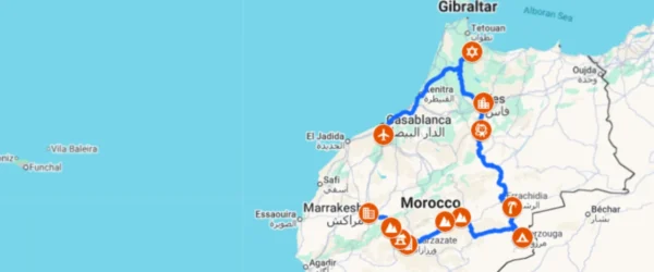 tour marocco 5 giorni 7 Mappa che illustra il percorso e i punti salienti del tour Marocco 5 giorni, coprendo le principali città e attrazioni.