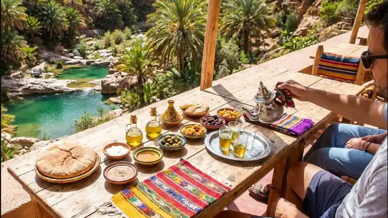 An authentic Berber breakfast in Paradise Valley Agadir, surrounded by High Atlas scenery, natural pools, and peaceful mountain oasis landscapes.