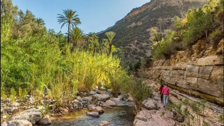Hikers explore Paradise Valley in Morocco’s High Atlas Mountains, surrounded by rocky cliffs, palm trees, and natural pools.