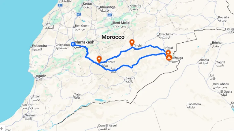map of 2 days tour from Marrakech to Merzouga
