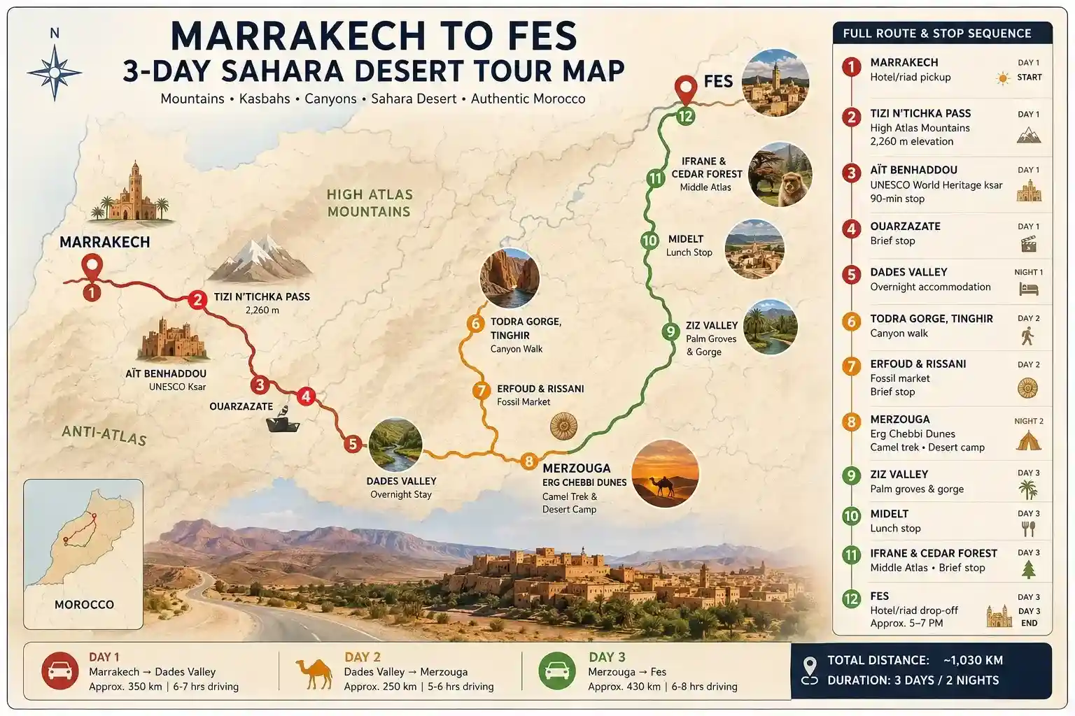 Map of 3 days tour from Marrakech to fes