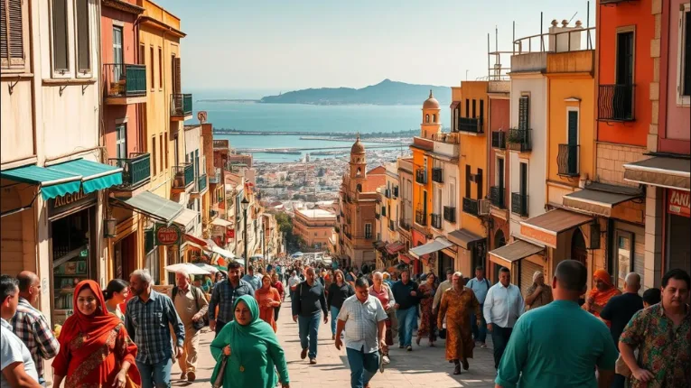 Crowded medina street near Tangier harbor with shops, cafes, and coastal scenery explored through Morocco Fun Tours experiences