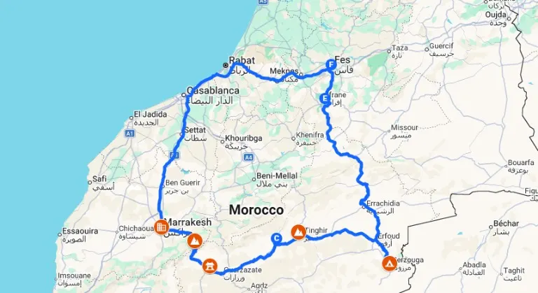 6-day Marrakech to Fes tour route map: Marrakech, Ouarzazate, Dades Gorge, Merzouga, Ifrane, Fes, returning via Casablanca