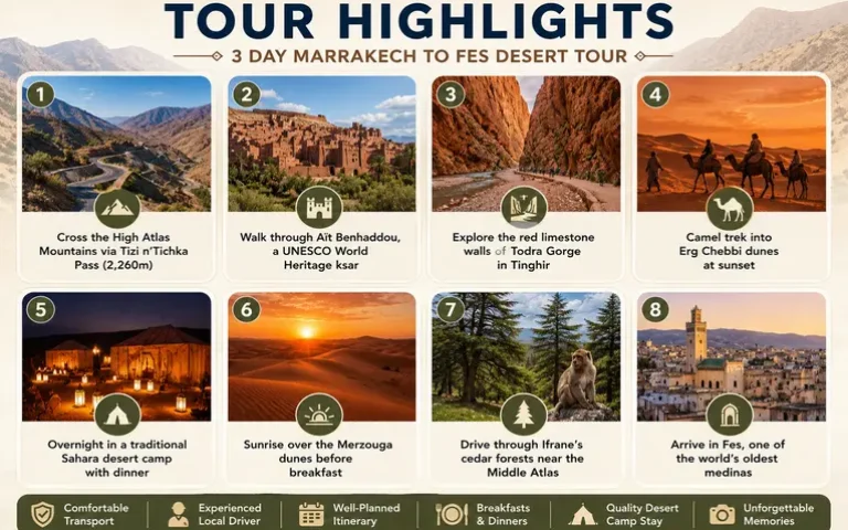 highlight of 3 days desert tour from marrakech to fes in infographic